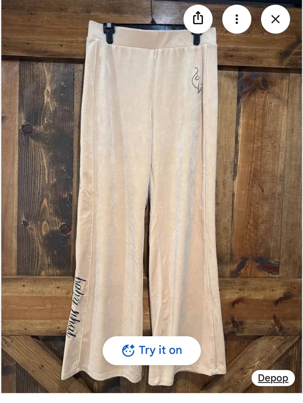 Baby Phat Forever 21 Velour Velvet Track Pants Cat Logo Wide Flare Leg Cream Tan